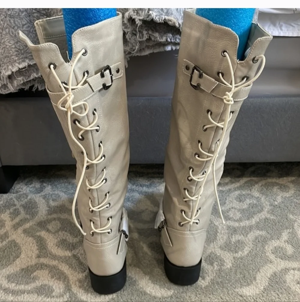 Wanted Lady Luck Over the Knee Boots in Cream Faux Leather Sz 6 New